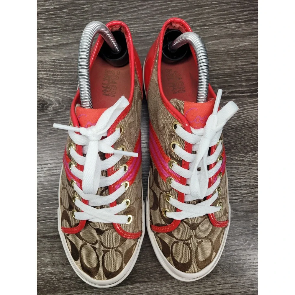 COACH Folly Womens 8.5 B Signature C Canvas Red Patent Trim Sneakers Q1024